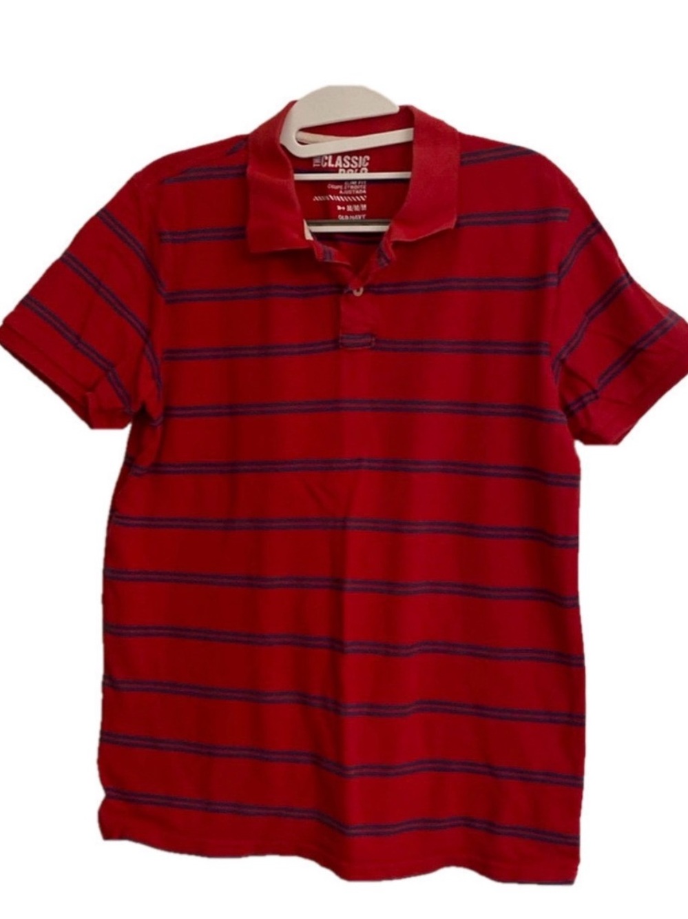 Old Navy Men's Classic Slim Fit Polo Shirt Red Blue Horizontal Striped Medium